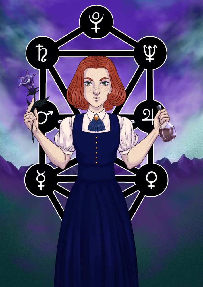 An illustration depicting a young girl with bright red hair. She's dressed in a white short sleeve shirt over which she wears a blue dress. Within one of her hands rests a purple glowing flower and in the other a vial with a red liquid. Behind her is a depiction of the Sefirot. Beyond that is a sky and mountains. 