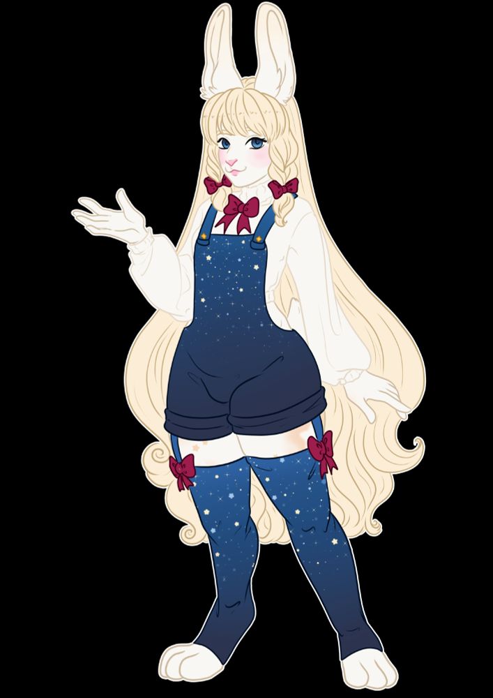An illustration of an anthro bunny. She wears an outfit consisting of a white shirt, blue overalls and blue stockings. They're all adorned with star patterns. 