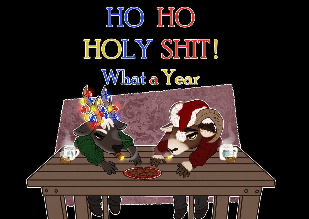 An image of an anthro reindeer and anthro goat. They're both leaned over a table upon which there is a plate of gingerbread cookies, two cups of hot chocolate and two glasses of whiskey. The reindeer have Christmas lights in their antlers while the goat has a Santa hat on their head. 