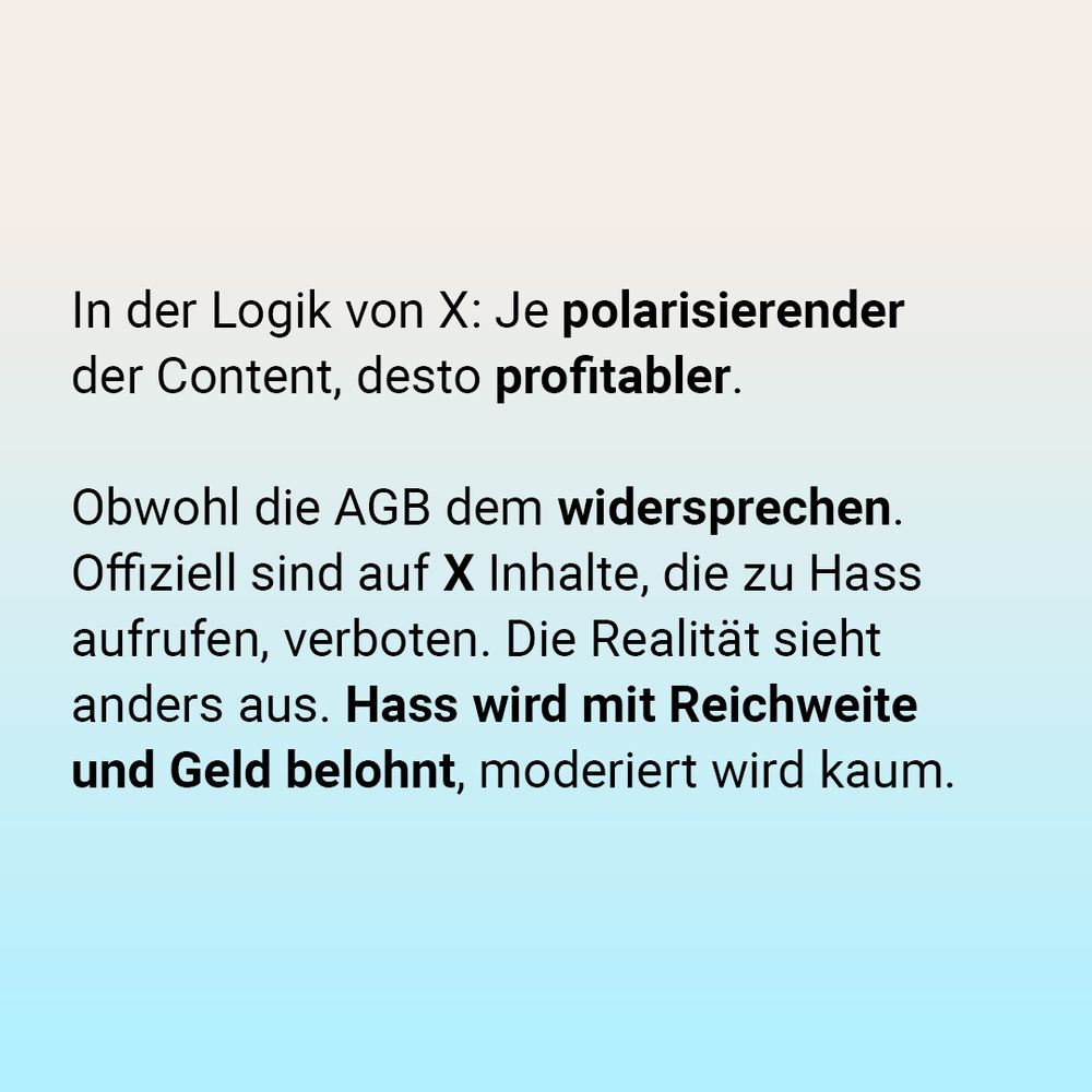 Auf der Grafik steht: In der Logik von X: Je polarisierender der Content, desto profitabler. Obwohl die AGB dem widersprechen. Offiziell sind auf X Inhalte, die zu Hass aufrufen, verboten. Die Realität sieht anders aus. Hass wird mit Reichweite und Geld belohnt, moderiert wird kaum. 