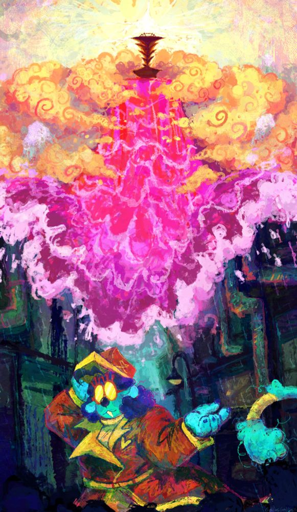 Digital illustration the shows the Spire and Grove surrounded by clouds. A bright pink waterfall is coming down from the Grove, which leads down into the dim green city area of the Drain. A younger Hector with a red trench coat is shown near the Drain area. One of his hands is outreached while the other is tipping up his red hat slightly. His eyes are completely covered by his glasses, and he has a small smile on his face.