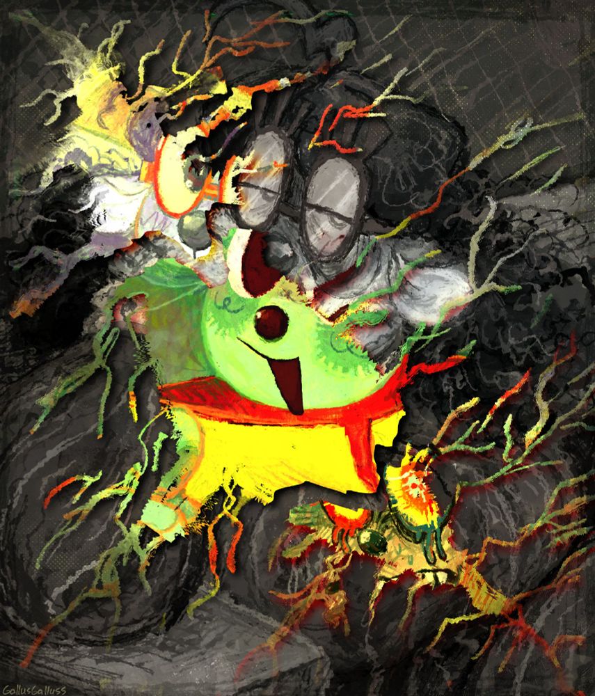 A primarily grayscale illustration of Hector from Great God Grove overshadowed by the rift showing three different stages of his life in bright colors.