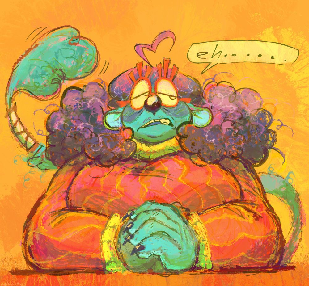 Drawing of Hector sitting with his hands clasped in front of his chest and his tail curled up behind him. He has a bored expression, looking to the side, and is saying "eh......".