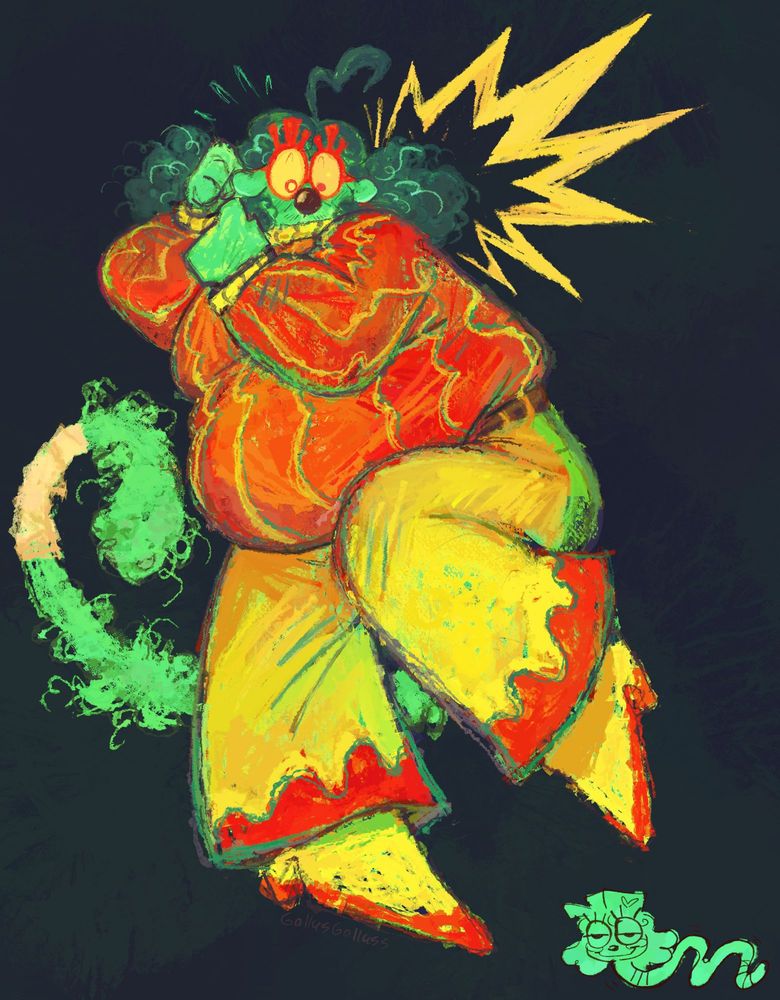 Drawing of Hector getting startled, looking down at a blue worm with Inspekta's head on it. His fists are clenched, one of his legs is lifted up slightly, his tail is fluffed up, and his eyes are wide.
