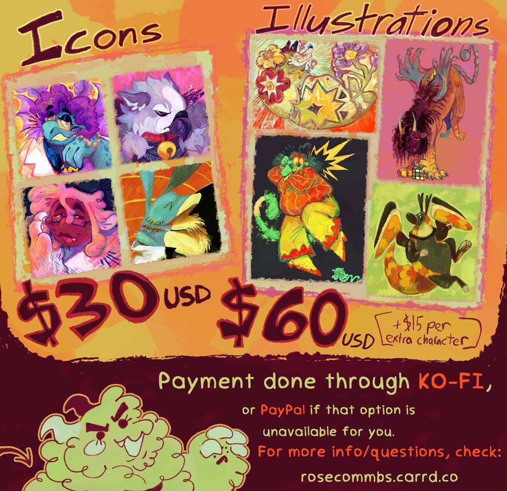 Commission sheet showing many drawn examples of $30 Icons and $60 Illustrations. For the illustrations, a note says: +$15 per extra character. A small doodle of Combers is next to text reading: Payment done through Ko-Fi, or PayPal if that option is unavailable for you. For more info/questions, check: rosecommbs.carrd.co.
