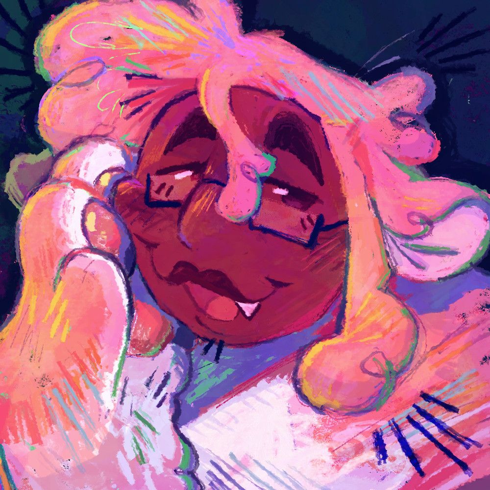 Drawing of Flow, a sphinx with dark skin, fluffy pink hair/fur, and glasses. He's holding one of his face up to his face and is looking to the side, smiling. The background is dark blue.