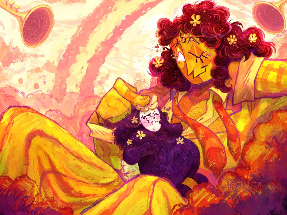 Illustration of Thespius Green from Great God Grove lounging in his light pink, cloudy realm with Click Clack sitting on his midriff. Click Clack's fur is covered in a few small white flowers, with Thespius pressing one larger one onto his head. He has a flustered expression on his mask, while Thespius looks relaxed with one of his hands resting on the side of his head, pressing into his hair.