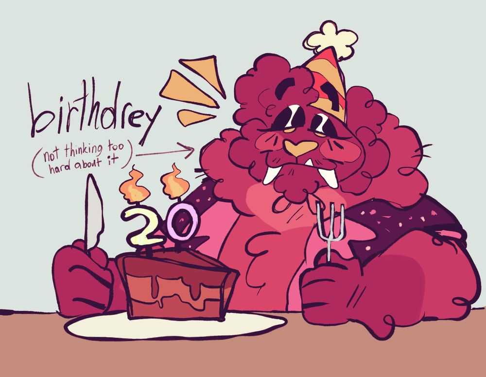 Doodle of Rossay with a birthday hat and holding up a fork and knife in front of a chocolate cake slice. The cake has "20" shaped lit candles on it. Words next to him says: birthdrey (not thinking too hard about it)
