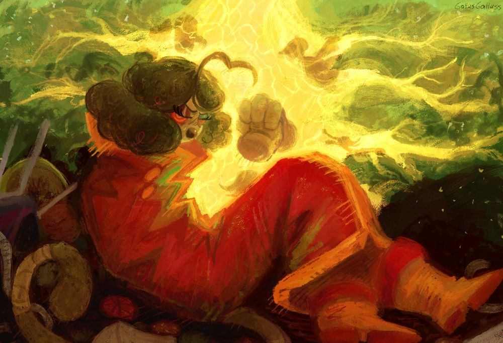 Digital illustration of Inspekta replicating The Fallen Angel painting. Inspekta is hatless, sitting with two of his floating hands clasped together, his multicolored eyes are narrowed with a single tear falling down one of them. Behind him is the bright yellow Rift against a cloudy dark green sky with silhouettes of other gods holding onto its sides. Inspekta is sitting in a pile is miscellaneous objects.