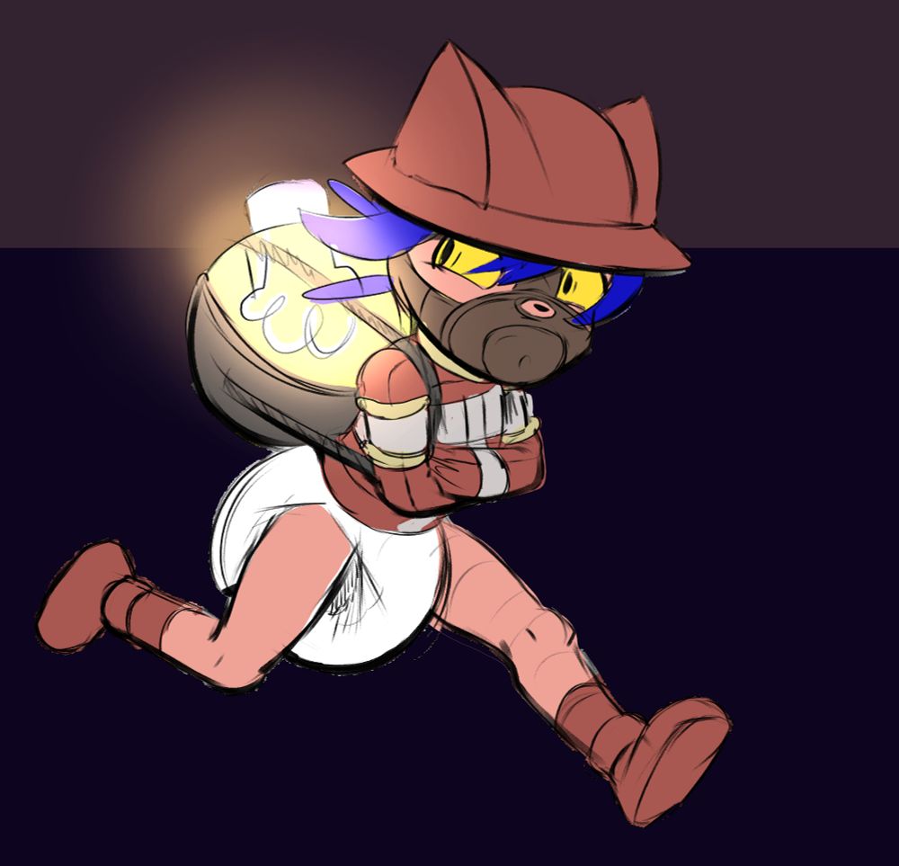 Niko in a straitjacket and diaper, carrying The Sun in a sling behind his back