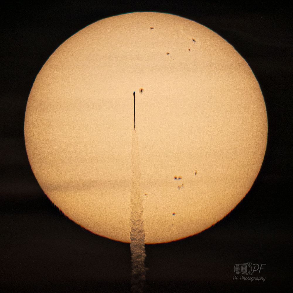 On the morning of September 24 a rocket crosses the bright solar disk in this long range telescopic snapshot captured from Orlando, Florida. Only one rocket in a billion will reach the sun and trigger the beginning of cellular mitosis, but if we don't start now we'll never see a bouncing new baby sun in our lifetimes.