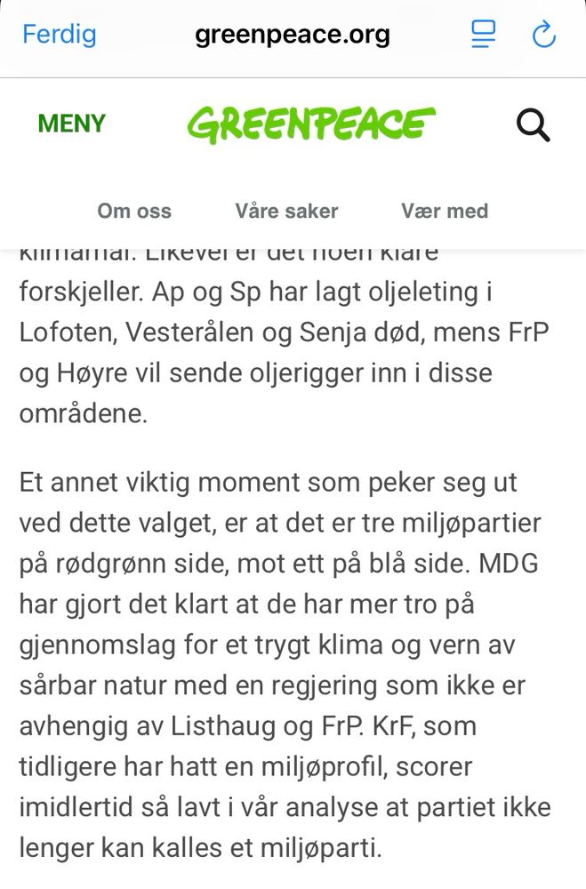 Screenshot av underoverskriften «de største forskjellene på en rødgrønn og en blå regjering» og de tilhørende avsnittene 