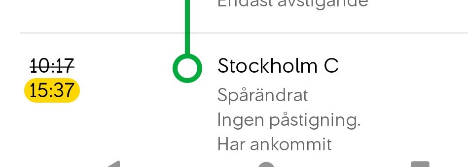 SJs trafikinformation: ett tåg som skulle kommit till Sthlm 10:17 har ankommit 15:37.