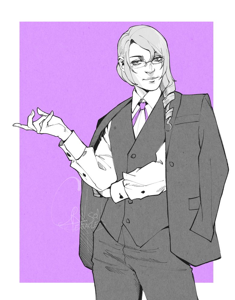 digital drawing of Kristoph Gavin from Apollo Justice game series. he wears a three piece suit with the jacket loosely draped over his shoulders