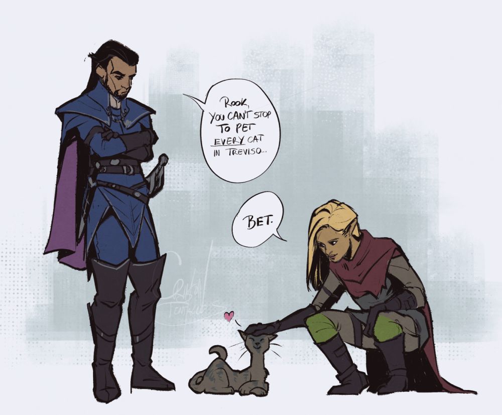 drawing depicting Lucanis and a custom female Rook from Dragon Age Veilguard. Lucanis standing and saying "Rook, you can't stop to pet every cat in Treviso". Rook is crouching, petting a very happy looking cat and saying "Bet." #art