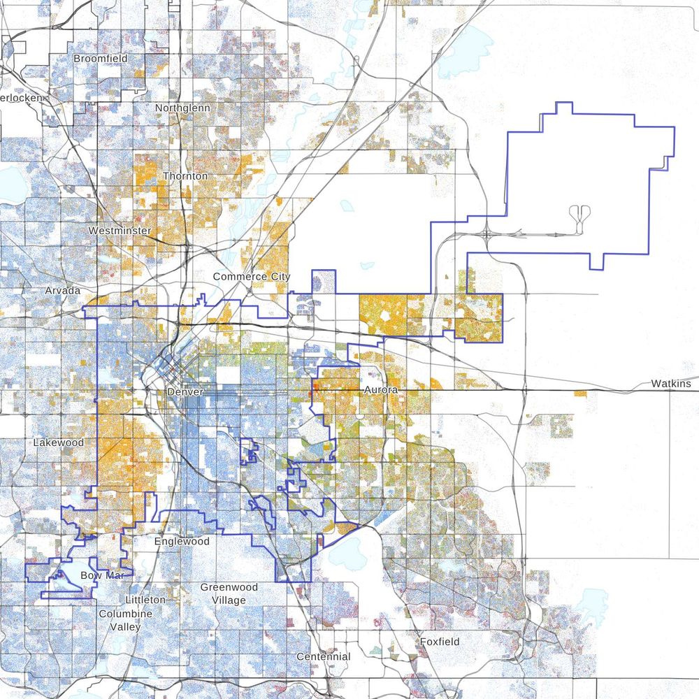 A dot map of Denver, CO's population by race