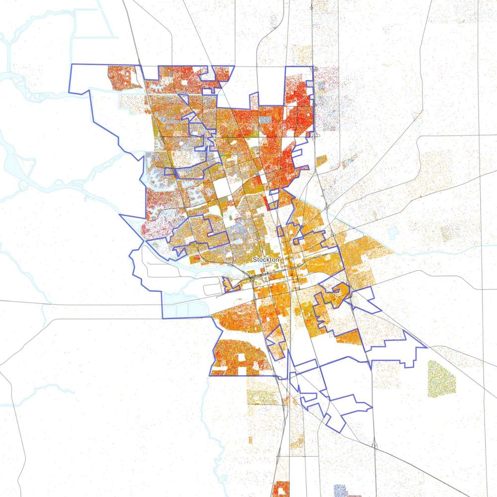 A dot map of Stockton, CA's population by race