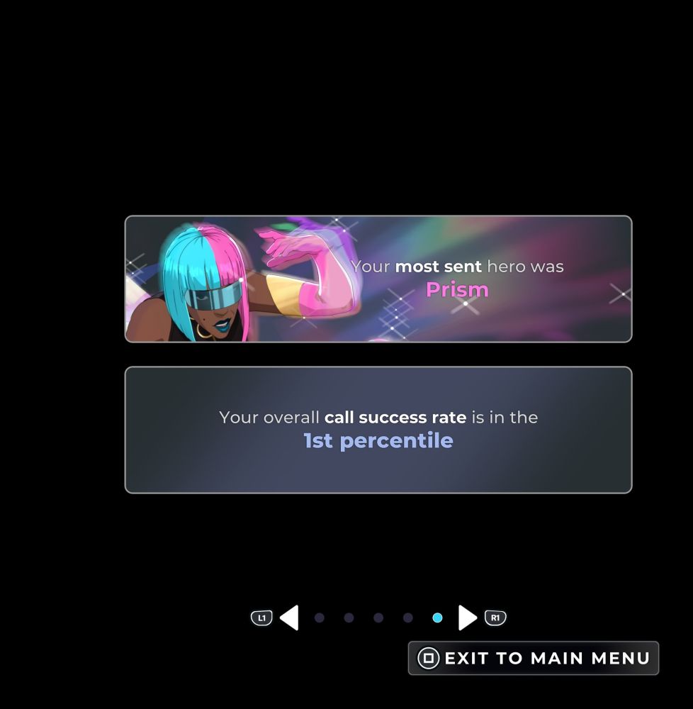 There are two windows, One says 

"Your most sent hero was prism." With a picture of the character, prism from dispatch. 

The second window says 

"Your overall call success rate is in the 1st percentile."