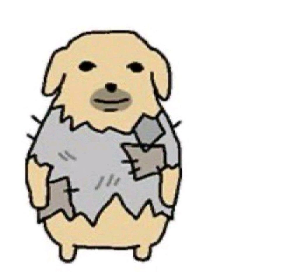 A poorly drawn dog in rags. 
Their face is one of Ill content