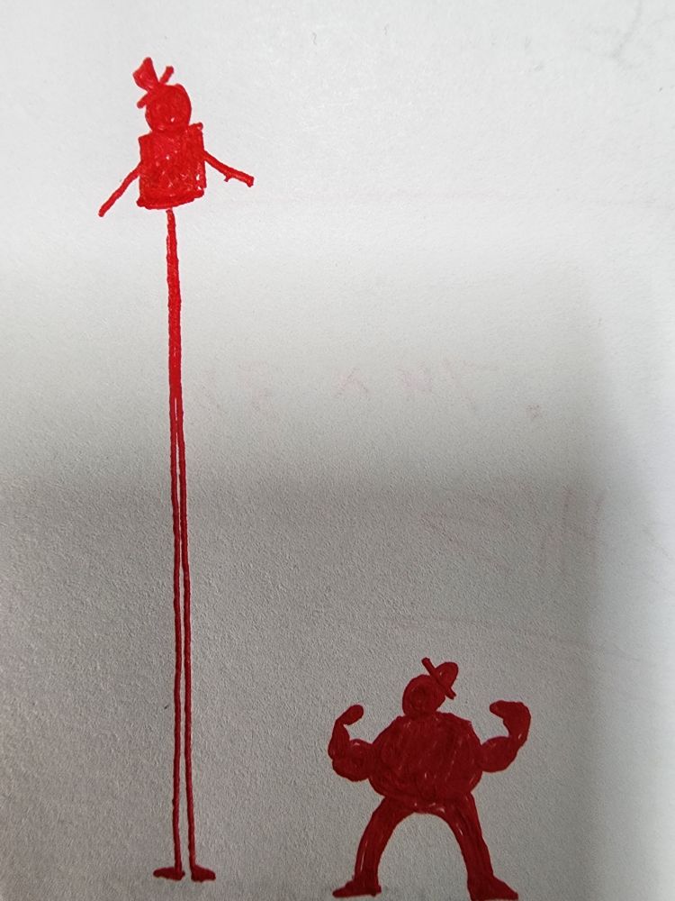 One really tall red guy with a top hat. He is 90% leg. His name is Mark.

There is a guy next to him. He is round, and strong. He is also red. 
His name is Kram.