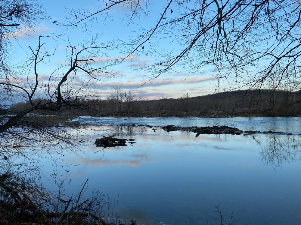 A picture of a lake around sunset.