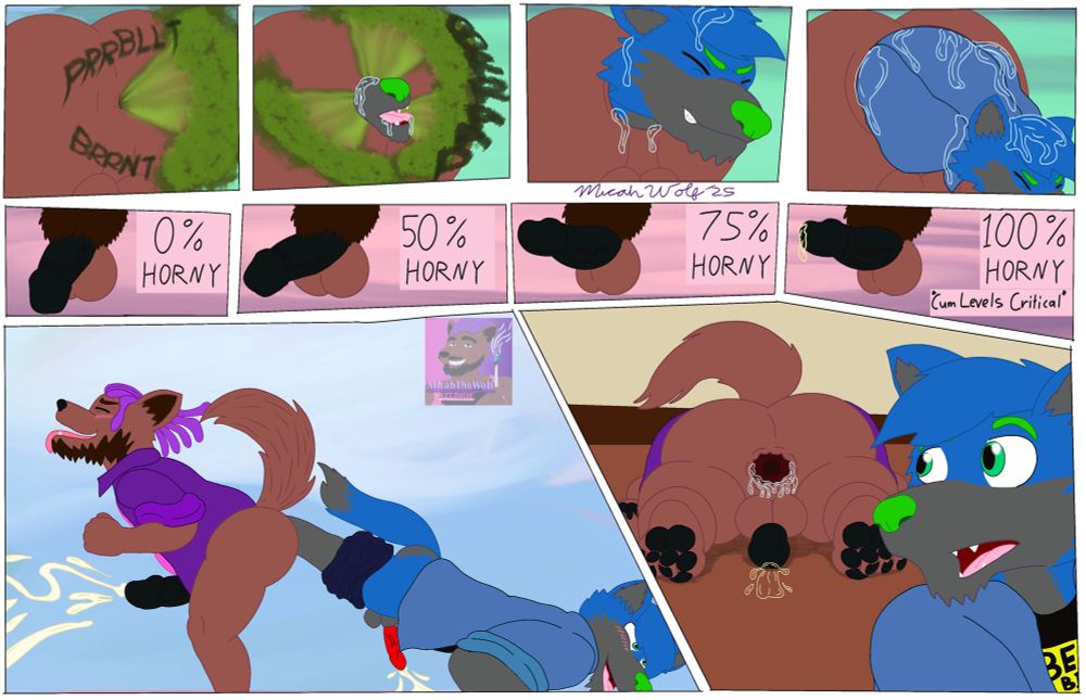 With each push, gas continues to spew out of Micah’s butthole, pushing out Miles’s snout, then his head, and then full body. As this happens Micah’s cock begins to erect until he reaches maximum horny levels, then ends up cumming on the last push (and Miles cums simultaneously along with)

The aftermath leaves Micah’s hole gaped and his cock with precum flowing out. Miles immediately checks in with Micah to see if he’s alright 