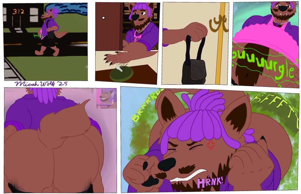 Micah walks home with a gurgling belly, to which he unlocks his apartment door, drops the keys in the key bowl, and hangs up his work bag. Suddenly he gets a loud growl in his guts, signaling him to let his boyfriend out of his bowels. He begins to drop his pants showing off his thicc butt, then grunts out a huge fart with gas percolating throughout the room 
