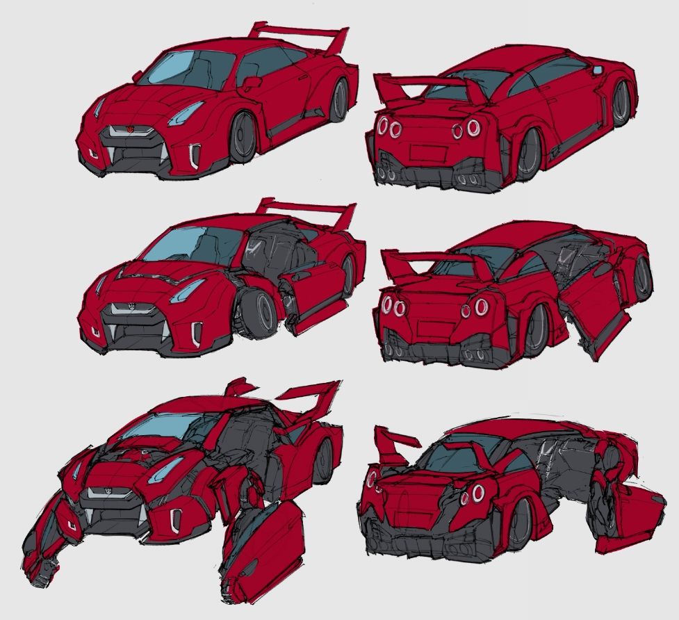 A red Nissan GT-R, in front and back view, showing an incomplete conversion process to robot form. 
