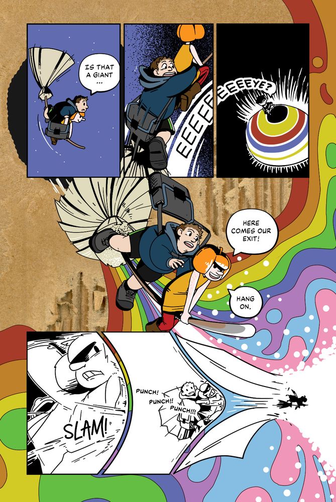 Page from My Girlfriend the Witch
Levi: Is that a giant...
Levi: Eeeeeeye?
Latte: Here comes our exit!
Latte: Hang on.
SFX: Slam!
SFX: Punch! Punch!! Punch!!!