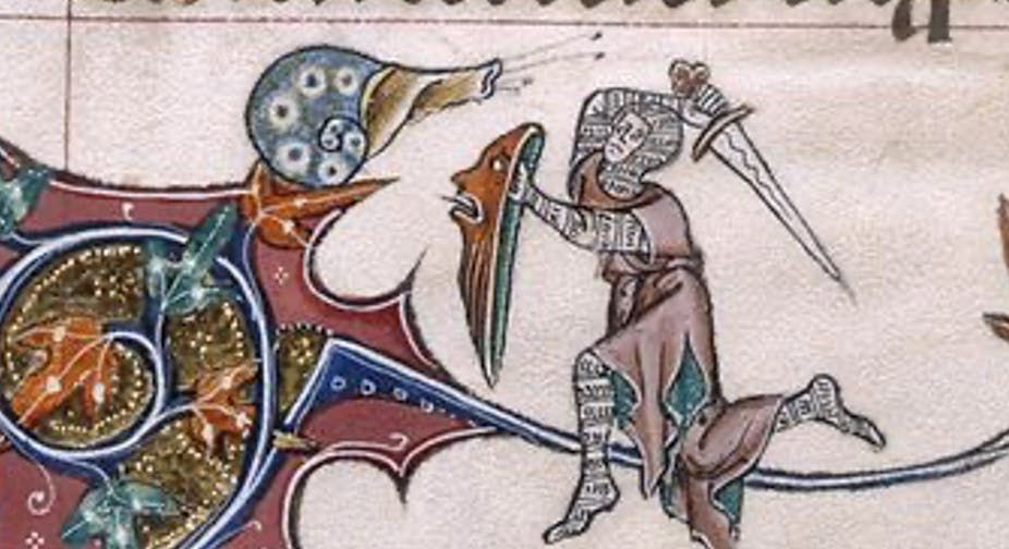 Knight v Snail II:  Battle in the Margins (from the Gorleston Psalter, England (Suffolk)