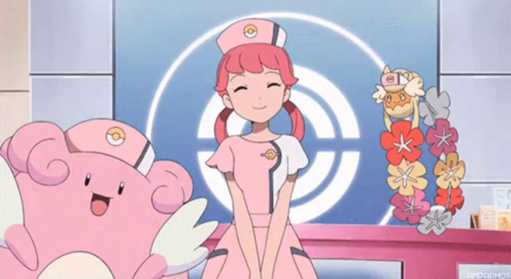 a girl in a pink nurse 's uniform is smiling next to a pink pokemon