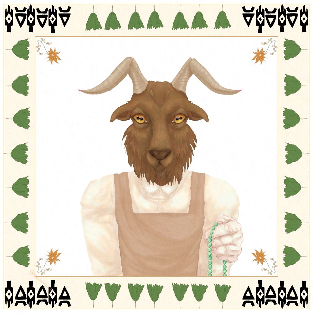 A brown anthropomorphic goat with brownish-grey horns and golden-yellow eyes. They wear a cream (yellow-ish white) button-up shirt with a beige apron over top of it. Their white human hand holds a necklace made of green glass beads. On the white inner background square are 4 mirrored orange flowers with another plant with yellow-orange bead-like flowers. On the outer yellow-ish background border are green linden leaves along with the Slavic symbols of Yarilo and Veles.