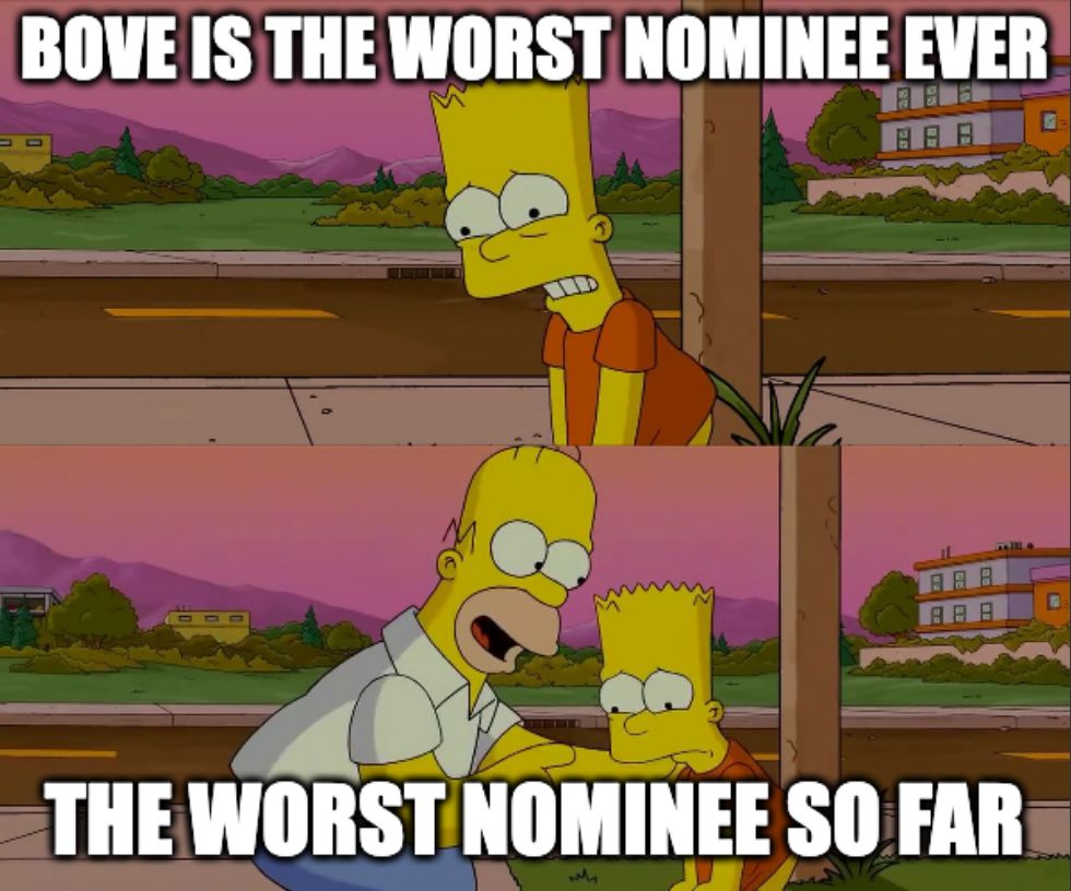 A meme based on a pair of images from the Simpson's. Bart, a child with yellow skin, looks agonized, while above his head appears the text 'Bove is the worst nominee ever' in white letters. In the second frame, Bart is joined by Homer, a bald adult man, who wags his finger at him. The text accompanying this image reads 'The worst nominee so far'.