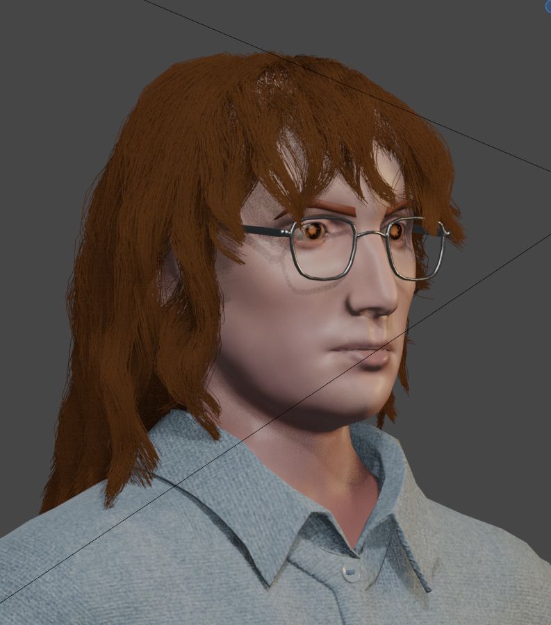 blender screenshot showing a 3d model of a person from the shoulders up. they have red curly hair with bangs