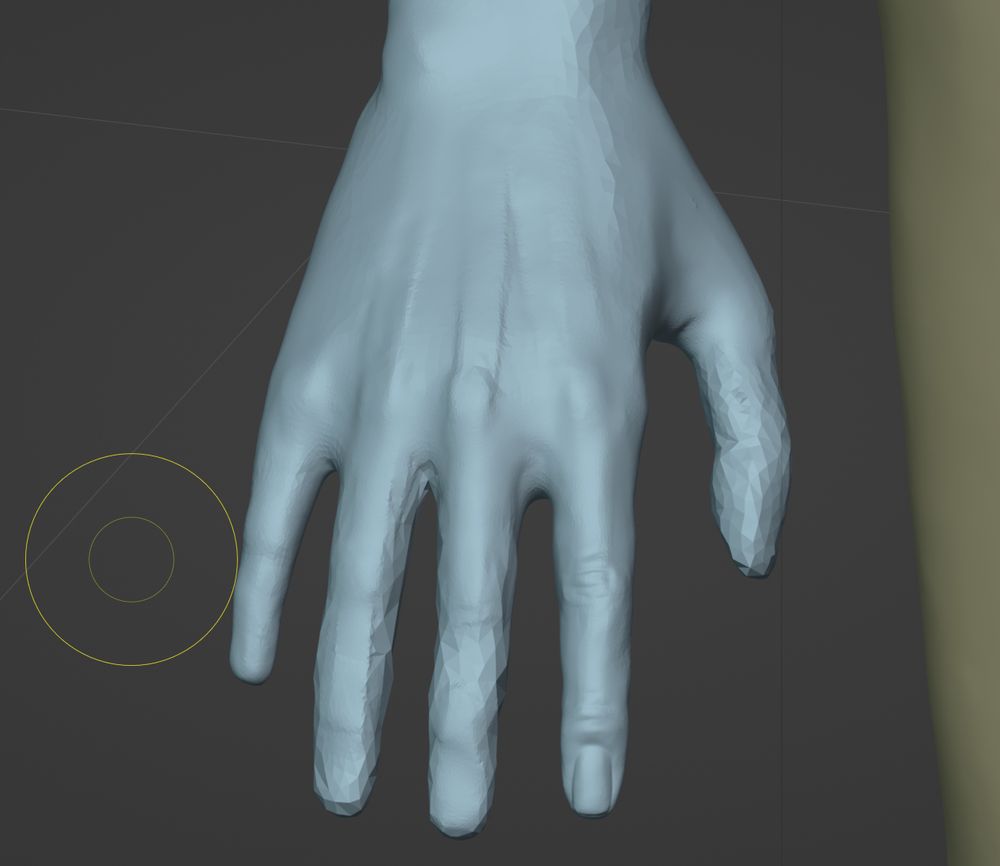blender screenshot of a hand sculpt on a character where the index finger is extremely detailed, but the other fingers are still low-detail