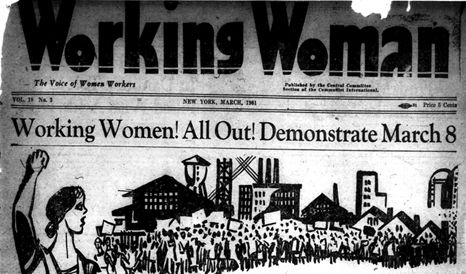 Black and white print cover image from Working Woman magazine, March 31, with the headline "Working Women! All Out! Demonstrate March 8" and an image of a woman raising her fist and a background image of people protesting.
