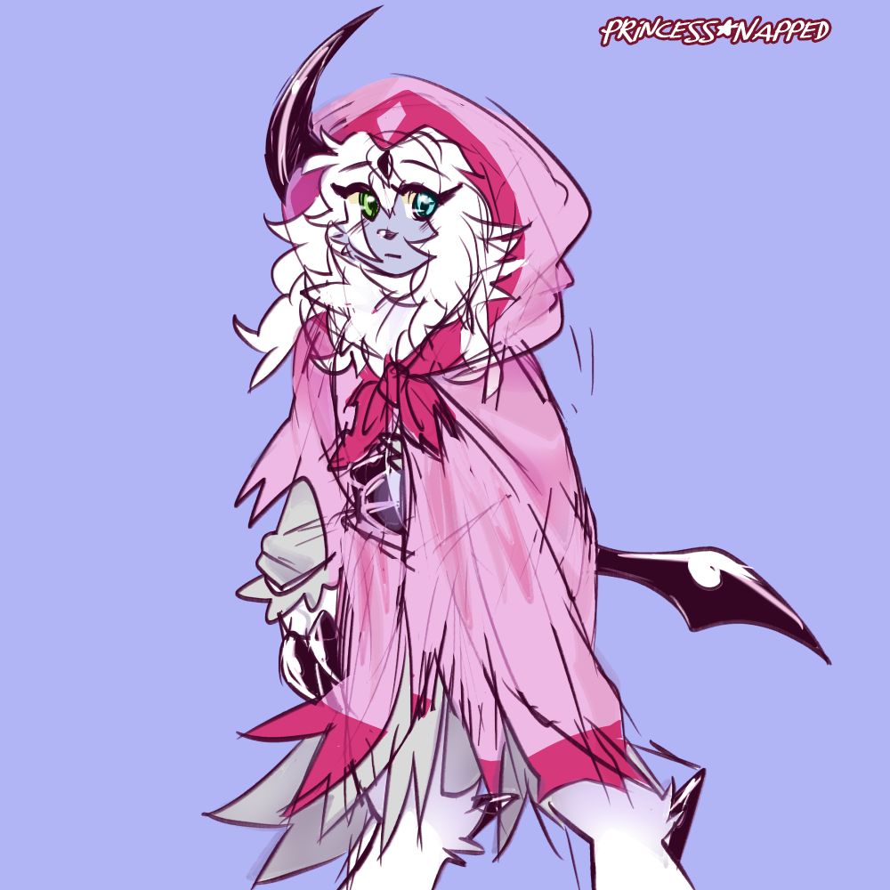 A digital illustration. A female anthromorphic Absol (a white-furred canine-like pokemon with a long scythe-like horn on its head) stands, with an neutral expression. She is wearing a pink, tattered cloak. One eye is green, and the other is blue. Under her pink cloak, you can see an also-tattered gray dress.