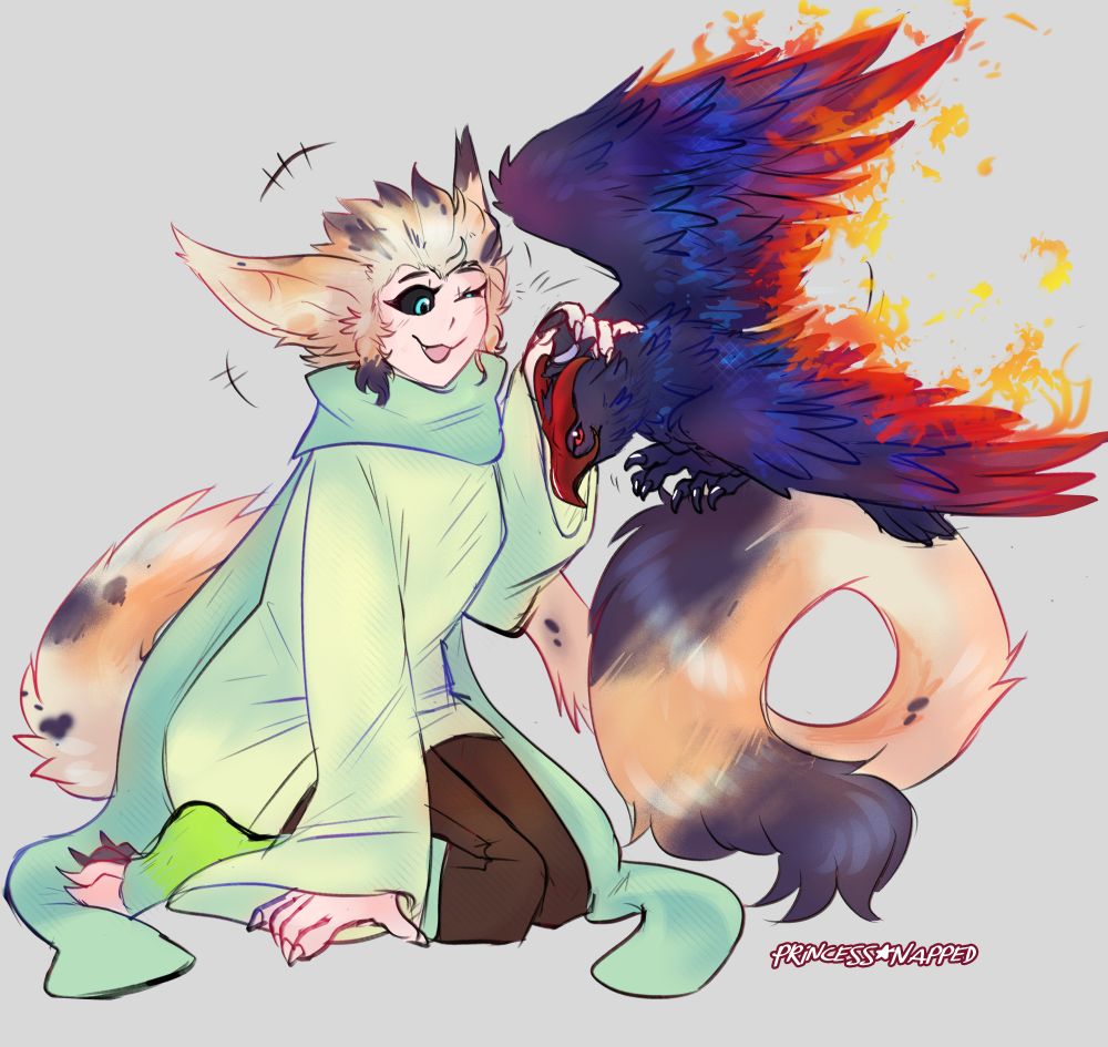 A digital illustration. A woman who is seemingly part calico cat, e.g. demihuman, is kneeling. She is wearing soft green clothes with a big scarf. Her sclera are black, and she has a long tail that is curled in a loop. She is laughing. Perched on her tail is a bird of prey, with iridiscent feathers and the tips of his wings flaming. He is smiling as he leans his head down. The woman is putting a tiny tophat delicately onto the bird's head.