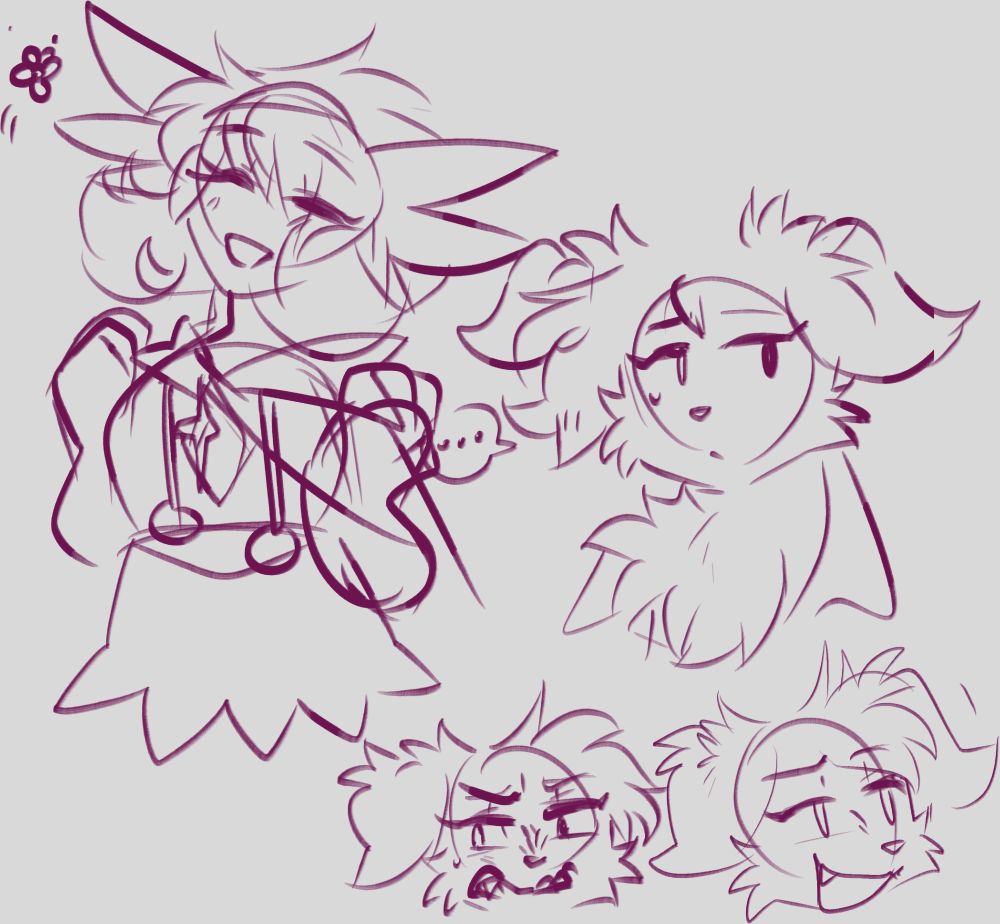 A digital illustration. it is a sketch of a Smeargle anthromorphic character making a few different expressions. There is a doodle of an Gardevoir character at the very left, who is smiling happily. The Smeargle's expressions are: first, a neutral wary-seeming one. Then one where she's snarling, but looking elsewhere; like she is nervously angry. The last is a snarky expression where it seems like she is teasing someone.