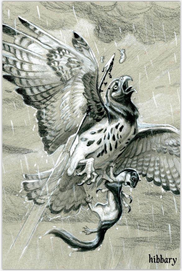 A dramatic illustration of a weasel, Nivvy, desperately clinging to the leg of a large bird of prey, Zein, mid-flight in a rainstorm. The bird appears to be in pain and distress as an arrow pierces its wing. Signed “hibbary.”