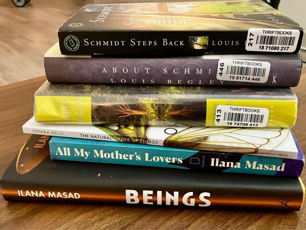 a stack of books, from bottom to top: Beings by Iliana Masad, All My Mother’s Lovers by Iliana Masad, The Natural Order of Things by Danika Kelly, Schmidt Delivered by Louis Begley, About Schmidt by Louis Begley, and Schmidt Delivered by Louis Begley.