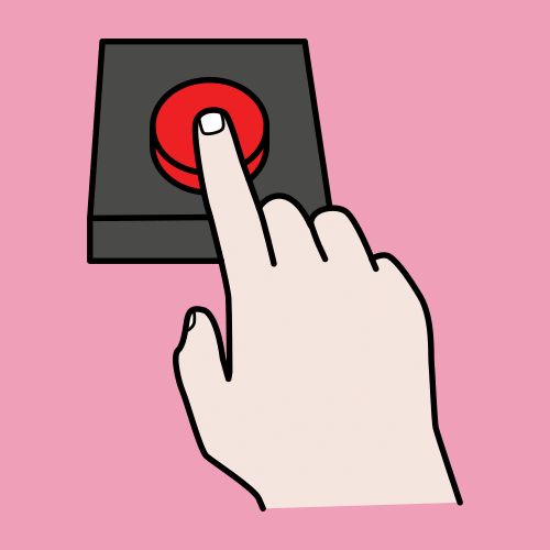 Pictograma de "pulsar", imagen de una mano y uno de sus dedos pulsa un botón rojo.