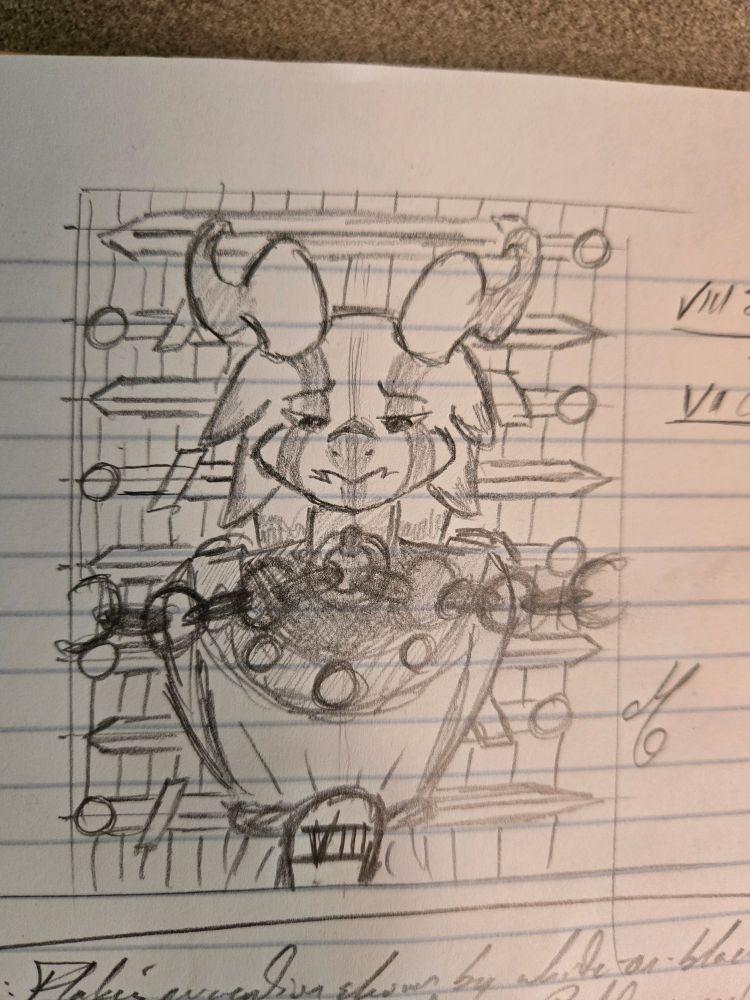 Pencil sketch of a kobold in chains, styled as the VIII of Swords tarot card