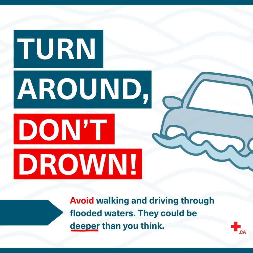 Illustration of a car with water rising up to the headlights. Text: Turn around, don't drown! Avoid walking and driving through flooded waters. They could be deeper than you think.