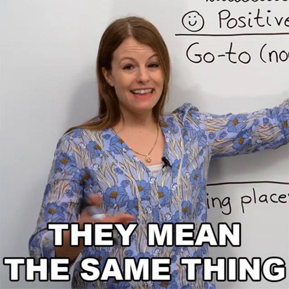 a woman stands in front of a white board with the words " they mean the same thing "