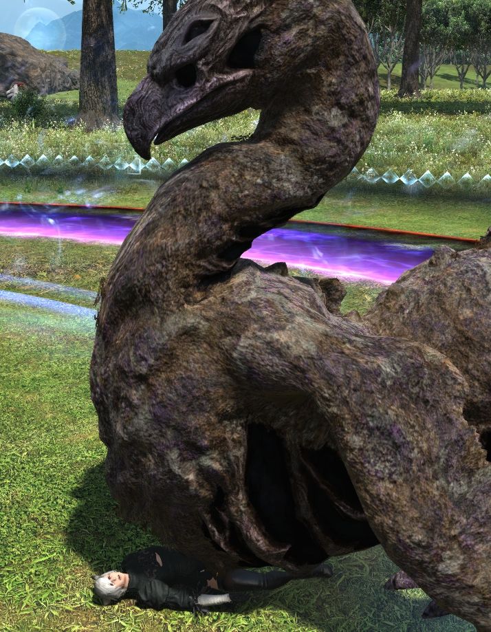 A male miqo'te crushed to death under a stone bird. Really embarrassing for everyone.