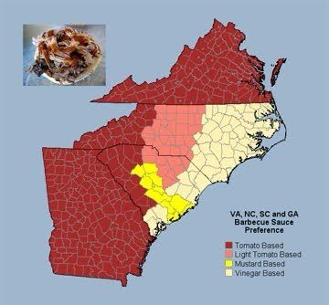A map of North Carolina, South Carolina, Virginia, and Georgia that indicates what kind of barbecue sauce they prefer. The best Carolina is a split between tomato based, light tomato based and vinegar based. Light tomato based is a weird way to say Lexington style but I’ll take it. 