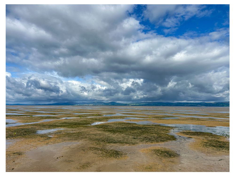 An expansive beach setting when the tide is out. Puddles of water, sand and vegetation in foreground. Mountains of Donegal mid-ground. Blue sky and cumulus clouds above. 