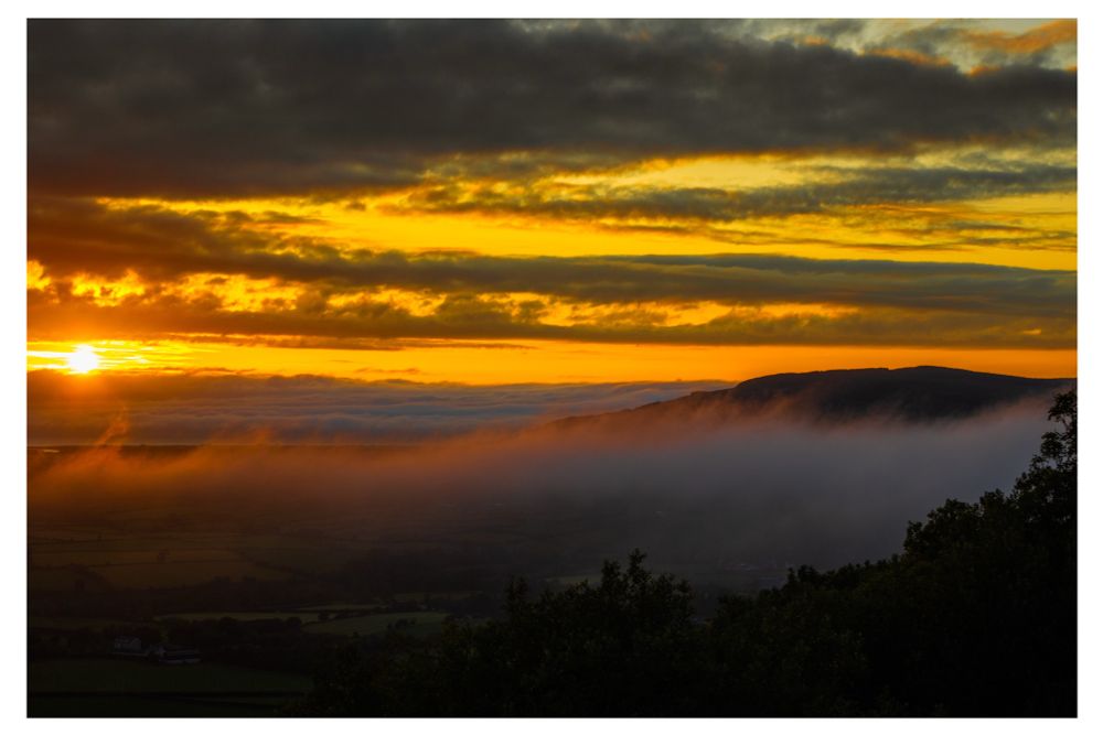 An Irish glowing sunset casts golden and orange hues across a dramatic sky filled with layered clouds. A low-lying mist rolls over a dark hill and across a patchwork of fields below, creating a mystical atmosphere. The silhouette of trees frames the scene in the foreground.