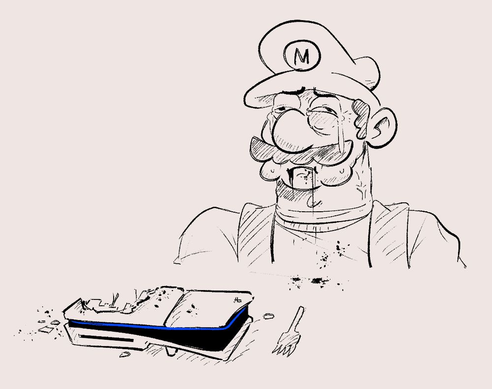 Super Mario consuming a Playstation 5 gaming console while crying